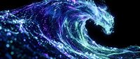 Young adult male with light skin tone, depicted as a digital wave form composed of glowing blue and cyan particles, representing technology, data flow, and innovation concepts for digital marketing and tech industry applications.