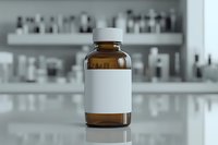 Amber glass medicine bottle with blank white label on pharmacy counter background, selective focus on container for medical and pharmaceutical mockup.