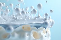 Creamy white milk splash with droplets frozen in motion against light blue background, creating dynamic liquid art composition for dairy product advertising.