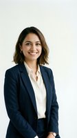 Confident young Hispanic businesswoman in navy suit smiling at camera against white background for corporate headshot and professional marketing materials.