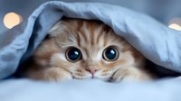 Adorable ginger kitten with bright blue eyes peeking out from under light blue blanket, creating heartwarming and playful mood for pet-related designs.