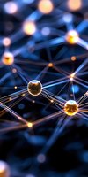 Abstract network visualization with glowing golden spheres connected by blue light streams against dark background, representing digital connectivity and data flow.