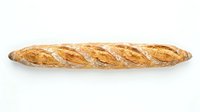 Crusty French baguette with golden-brown exterior and diagonal scoring marks, isolated on white background for bakery, food, and culinary design use.