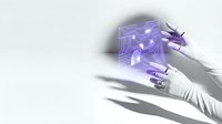 Scientist in white gloves holding futuristic purple holographic circuit board technology display for medical research and innovation projects.