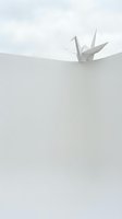 White origami paper crane emerging from torn paper hole on clean background for creative design projects.