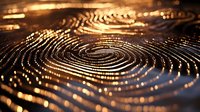 Golden fingerprint pattern with glowing dots and lines creating biometric security identification technology concept for digital authentication systems.