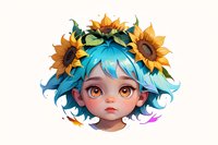 Beautiful young girl with blue hair and sunflower crown in anime style illustration, perfect for children's book covers, fantasy art prints and digital media projects.