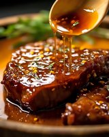 Wooden spoon drizzling sweet and savory glaze over juicy grilled steak with herbs, showcasing gourmet cooking technique for restaurant menu.