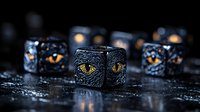 Mysterious glowing dragon eye dice on dark textured surface with water droplets, fantasy gaming accessories with detailed reptilian iris pattern.