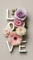 Romantic floral composition with white LOVE letters adorned with pastel roses and gerbera daisy on neutral beige background for wedding or Valentine's Day.