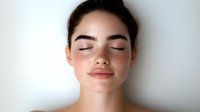 Young Asian woman with natural makeup and rosy cheeks against white background, eyes closed in peaceful expression showing clean skincare and wellness concept.