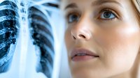 Young female medical professional examining chest x-ray scan, close-up portrait with blue tinted radiograph showing ribcage and spine in background for healthcare concept.