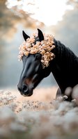 Black horse wearing crown of peach roses against dreamy bokeh background, side profile portrait in soft natural lighting surrounded by delicate wildflowers.