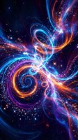 Abstract cosmic energy swirls with vibrant blue orange purple light streams creating dynamic spiral patterns against starry space background for digital art projects.