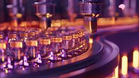 Illuminated luxury bar counter with curved design showcasing rows of elegant cocktail glasses, creating atmospheric purple and golden ambiance for upscale nightlife setting.