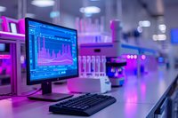 Computer monitor displaying financial graphs and charts in modern laboratory with purple neon lighting, test tubes and scientific equipment in background.