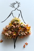 Creative floral fashion illustration combining ink drawing of female figure with real chrysanthemum flowers forming elegant dress skirt on white background.