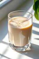 Fresh creamy protein shake or smoothie in glass with natural window light and leaf shadow, healthy lifestyle breakfast drink for fitness nutrition.