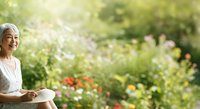 Senior woman with white hair and light skin tone, wearing white casual clothing, sitting peacefully in blooming garden surrounded by colorful flowers and green foliage, enjoying nature outdoors.