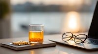 Whiskey glass on notebook with eyeglasses and laptop at sunset, creating warm ambiance for relaxation or work session.