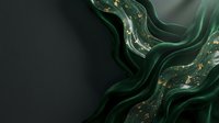 Flowing emerald and gold liquid waves create an abstract marbled texture with organic swirls and metallic accents on dark background for luxury design projects.