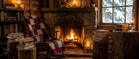 Cozy cabin interior with crackling fireplace, plaid armchair, wooden walls, and warm lighting creating perfect atmosphere for relaxation and comfort.