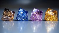 Colorful raw crystals in brown, blue, purple and golden yellow arranged in row on reflective surface with dramatic lighting and dark background.