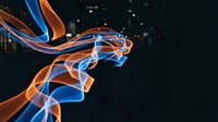 Dynamic flowing ribbons in vibrant blue and orange colors creating elegant abstract waves against dark background for modern digital art projects.
