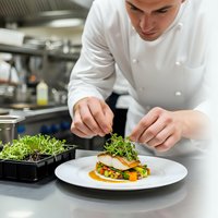 Professional male chef in white uniform carefully plating gourmet dish with microgreens in modern commercial kitchen for fine dining restaurant service.