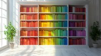 Colorful rainbow bookshelf with books arranged by color spectrum from red to purple in bright white room with natural light and green plants, creating modern interior design.