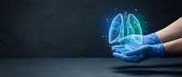 Medical professional hands in blue gloves holding holographic lungs projection for healthcare technology and respiratory system education concept.