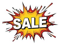 Comic book style sale burst with explosive yellow and red starburst design for promotional marketing campaigns and retail advertising materials.