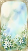 Watercolor floral frame with white flowers and gold ornate border on soft blue green background for wedding invitations and greeting cards.