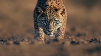 Leopard cub with piercing blue eyes crouching low on sandy ground, showcasing spotted coat pattern and intense predatory gaze in natural wildlife setting.
