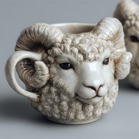 Ceramic ram head mug with detailed horns and wool texture, handcrafted animal-shaped drinkware for rustic kitchen decor and unique gift giving.