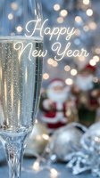 Happy New Year greeting with champagne flute, bokeh lights, Santa figurine, and silver ornaments, perfect for festive holiday cards and social media.