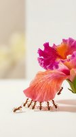 Tiny ants carrying vibrant pink and orange flower petals in teamwork display. Nature cooperation concept for environmental and botanical themes.