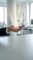 Businessman hand holding glowing lightbulb with energy rays in modern office representing innovation, creativity and bright ideas for business success.
