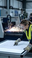 Female engineer in safety gear reviewing blueprints while laser cutting machine operates in industrial factory workshop setting for manufacturing and technical work.
