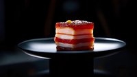 Pink and red layered dessert with gold leaf garnish on black plate against dark background, dramatic lighting highlights delicate textures and elegant presentation.