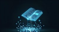 Open book with glowing blue wireframe design emitting digital data particles, representing knowledge transfer, e-learning, digital library, and technology education concepts.