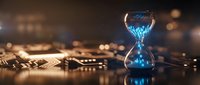 Digital hourglass with glowing blue sand on circuit board background representing time management and technology deadline concepts for business presentations.