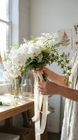 White orchid bouquet held by woman with cream ribbon, featuring fern and greenery, displayed in bright natural light near window with vase arrangement.