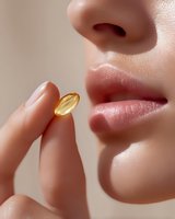 Close-up view of fingers holding yellow vitamin E capsule near natural lips with smooth skin texture, representing beauty and skincare concept for wellness industry.