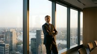 Confident businessman standing with crossed arms in modern office overlooking city skyline at sunset, corporate leadership and success concept.