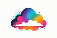 Vibrant rainbow gradient cloud shape with white accents and scattered particles on white background, isolated design element for creative projects.