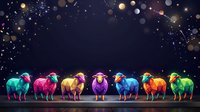 Colorful sheep with vibrant neon wool standing in a row against dark starry night sky with golden bokeh lights and sparkles, isolated on dark background.