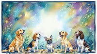 Watercolor illustration of four diverse dog breeds sitting together against a cosmic starry background with celestial colors, glowing lights, and botanical foliage elements. Suitable for pet-related designs, greeting cards, and animal artwork.