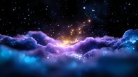Mystical starry night sky with vibrant purple and blue cosmic clouds, glowing nebula formation and bright stars illuminating dark space. Perfect for astronomy themes.