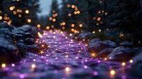 Magical glowing lights and sparkles creating enchanting path through dark forest with purple illumination and golden bokeh effect for fantasy atmosphere.